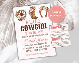May include: A pink and white baby shower invitation with a cowboy boot, wagon wheel, and horseshoe. The invitation says "A Little Cowgirl is on the way!" and includes the name "Sarah Jones".