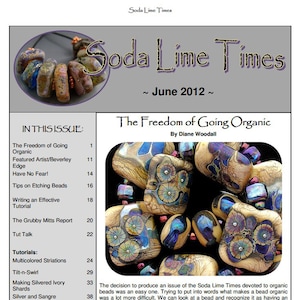 Puede incluir: Una portada de revista para Soda Lime Times, una publicación para fabricantes de cuentas, que presenta un primer plano de cuentas de vidrio de colores con un diseño floral. El texto de la portada dice "Soda Lime Times" y "junio de 2012". El título del artículo es "La libertad de ir orgánico" por Diane Woodall.
