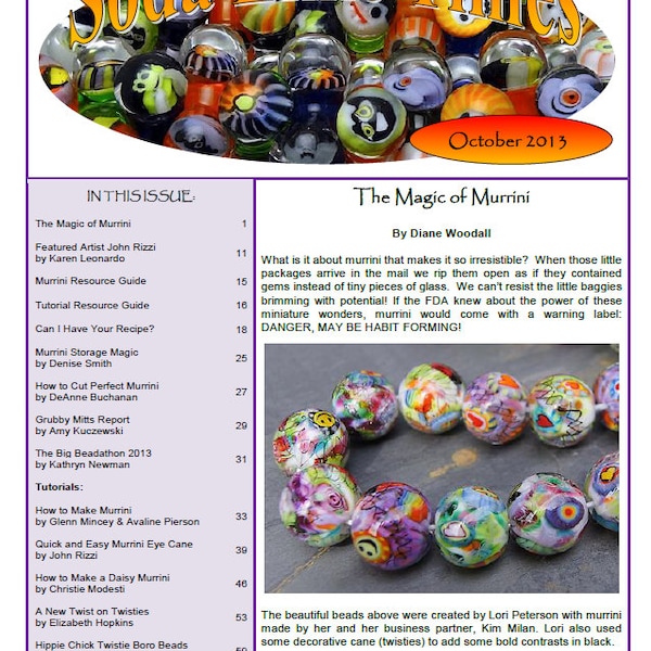 October 2013 Soda Lime Times Lampworking Magazine - Magic of Murrini - (PDF) - by Diane Woodall