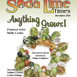Peut inclure: Une couverture de magazine pour Soda Lime Times, mettant en vedette un bracelet en perles vertes et brunes avec le titre "Anything Grows!" et le texte "Gooseberry Beads tutorial by Polina Uchiteleva".