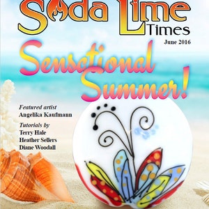 May include: A magazine cover with the title "Soda Lime Times" and the text "Sensational Summer!"  The cover features a seashell with a painted flower design in red, yellow, blue, and black.