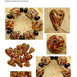 May include: A collection of handmade tiger stripe beads in various shapes, including squares, hearts, and round beads. The beads feature a pattern of orange, yellow, and black stripes. Some beads are strung together with black beads.