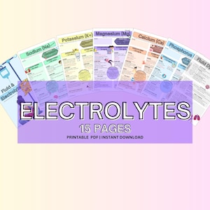 May include: A set of 15 printable pages about electrolytes, including information on sodium, potassium, magnesium, calcium, phosphorus, and fluid balance. The pages are colourful and feature illustrations. ELECTROLYTES 15 PAGES PRINTABLE PDF | INSTANT DOWNLOAD