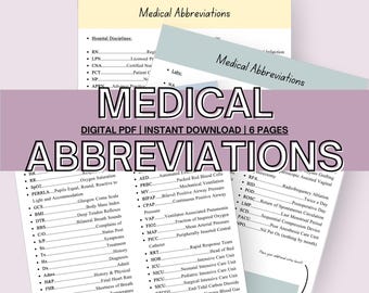 May include: A digital PDF download of a medical abbreviations guide. The guide is divided into six pages and includes a list of common medical abbreviations used in hospitals and healthcare settings. The title of the guide is "Medical Abbreviations".