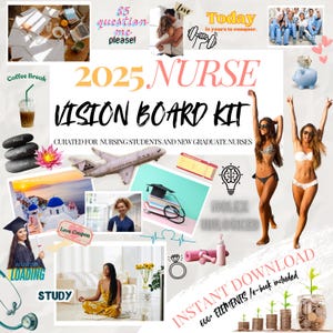 Könnte beinhalten: Ein Vision Board Kit für Krankenschwestern mit rosa und weißem Hintergrund. Das Kit enthält Bilder von einem Flugzeug, einem Stethoskop, einer Abschluss-Kappe, einem Sparschwein, einem Liebesgutschein, einer Krankenschwesteruniform, einem Herzen, einem Ring, einer Hantel, einem Stethoskop, einem Buch, einer Pflanze und einer Strandszene. Der Text "2025 NURSE VISION BOARD KIT" steht in großen, fetten Buchstaben oben auf dem Board. Der Text "CURATED FOR NURSING STUDENTS AND NEW GRADUATE NURSES" steht unter dem Titel. Der Text "INSTANT DOWNLOAD 600+ ELEMENTS/e-book included" steht unten auf dem Board.