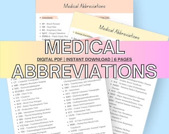 Op de afbeelding: Een digitaal PDF-document in roze en geel met de titel "Medische afkortingen" in grote, vetgedrukte, witte letters. Het document bevat een lijst met medische afkortingen en hun betekenissen. Het document is direct te downloaden en bevat 6 pagina's.