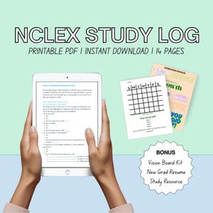 NCLEX STUDY PLANNER, study calendar, resume for new  grad nurses, nurse vision board, nclex ngn prep guide, study log, nursing school help