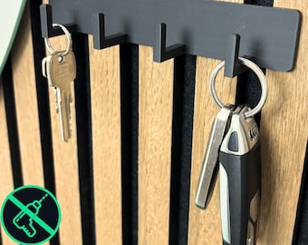 Key rack acoustic panel | Hook rail without drilling | Slatwall accessory black | Housewarming gift