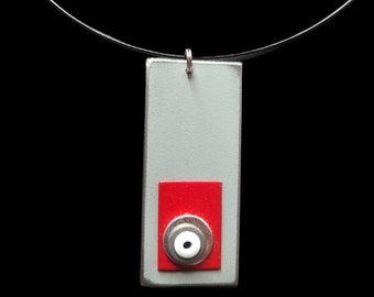 Rectangle in Red Pendant Necklace with Black Cable.