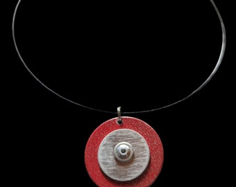 Red Painted, Circle Aluminum Pendant Necklace