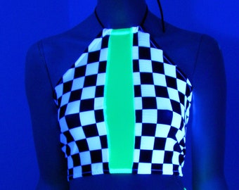 Neon Green Rally Checkered Flag UV Reactive Corset lacing adjustable size boho Rave Festival Halter Top - MTCoffinz