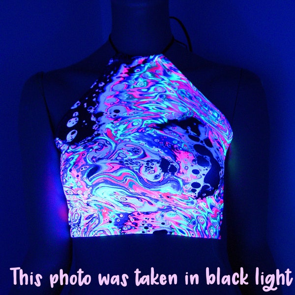 Neon Rainbow Acid Trippy Psychedelic UV Reactive Corset lacing adjustable size boho Rave Festival Halter Top Only - MTCoffinz