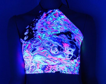 Neon Rainbow Acid Trippy Psychedelic UV Reactive Corset lacing adjustable size boho Rave Festival Halter Top Only - MTCoffinz