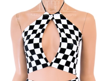 Checkerboard Racing Check Black White Chekered FLag Keyhole Key Hole Corset lacing adjustable size boho Rave Festival Halter Top - MTCoffinz