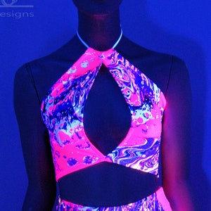 Neon Pink Acid Trippy Psychedelic UV Reactive Keyhole Key Hole Corset lacing adjustable size boho Rave Festival Halter Top - MTCoffinz
