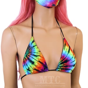 Neon Tie Dye Rainbow Pride LGBTQ UV reactive Rave Bikini Bra Triangle Top Festival shirt - MTCoffinz