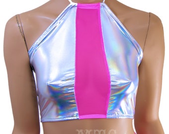 Neon Pink Opal Holographic Flash Bulb Holo UV Reactive Corset lacing adjustable size boho Rave Festival Halter Top - MTCoffinz