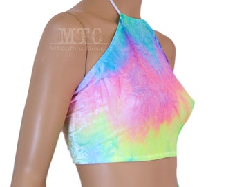 Pastel Rainbow Tie Dye Velvet LGBTQ Halter Corset lacing adjustable size boho Rave Festival Halter Top - MTCoffinz