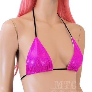 Hot Pink Holographic Glitter Color Shifting Metallic Rave Bikini Bra Triangle Top Festival shirt Swim Suit - MTCoffinz