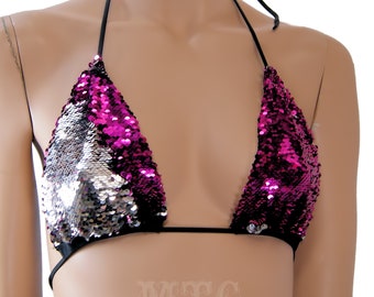 Pink Silver Mermaid Sequins Color changing Lycra Rave Bikini Bra Triangle Top Festival shirt - MTCoffinz