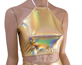 Liquid Gold Holographic Metallic  Corset lacing adjustable size boho Rave Festival Halter Top - MTCoffinz