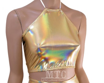 Liquid Gold Holographic Metallic  Corset lacing adjustable size boho Rave Festival Halter Top - MTCoffinz Ready To Ship