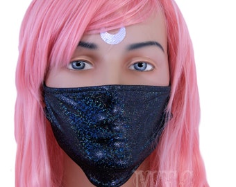 Black Pearl Ice Glitter Surgical Mask Holographic Futuristic Festival Bandana Burner Kandi CyberGoth PLUR Unisex - MTcoffinz