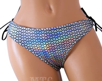Geometric Rainbow Hologram Tie Side Rave Thong Swim Suit Festival Cheeky rave outfit Lingerie Panties Booty shorts All Sizes- MTCoffinz