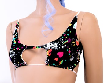 Rave Top Rainbow Unicorn Bikini Neon UV Reactive 80's EDM Dance Festival Cleavage Revealing Shirt All Sizes - MTCoffinz