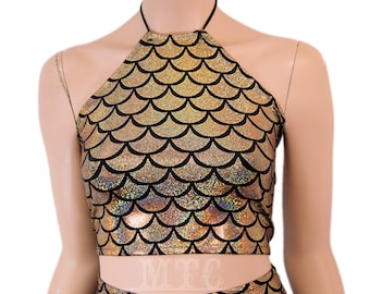 Dragon Scales Holographic Gold Mermaid Scales Glitter Halter Corset lacing adjustable size boho Rave Festival Halter Top - MTCoffinz
