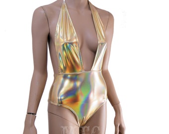 Holographic Liquid Gold Cleavage Deep V Plunge Cheeky One Piece Bodysuit UV Reactive Open Back Rave Bathing Suit Light All Sizes- MTCoffinz