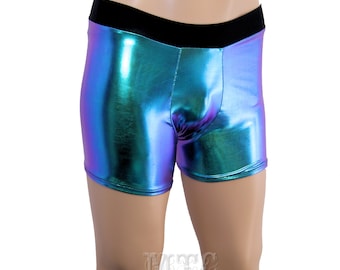 Mens Holographic Peacock Blue Green Purple Rave Shorts Booty Shorts Pole Dance Fitness Festival Outfit Man EDM MTcoffinz