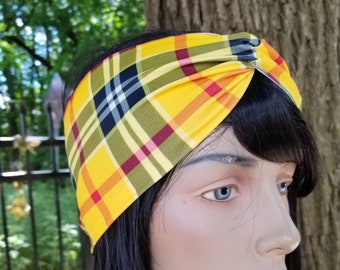 Yellow plaid clueless Cher twist head band Yoga head wrap stretchy headband MTcoffinz