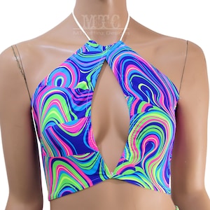 Acid Swirls Glow Worm Trippy Psychedelic UV Reactive Keyhole Key Hole Corset lacing adjustable boho Rave Festival Halter Top - MTCoffinz