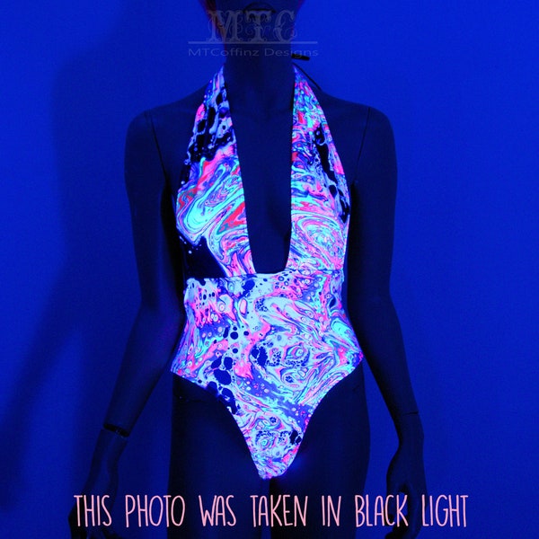 Trippy Acid Neon Lava Deep V Plunge Cheeky One Piece Bodysuit UV Reactive Open Back Rave Bathing Suit Black Light All Sizes- MTCoffinz
