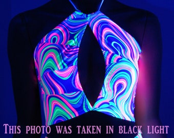 Acid Swirls Glow Worm Trippy Psychedelic UV Reactive Keyhole Key Hole Corset lacing adjustable boho Rave Festival Halter Ready To Ship