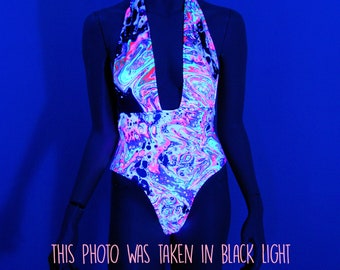 Trippy Acid Neon Lava Deep V Plunge Cheeky One Piece Bodysuit UV Reactive Open Back Rave Bathing Suit Black Light All Sizes- MTCoffinz