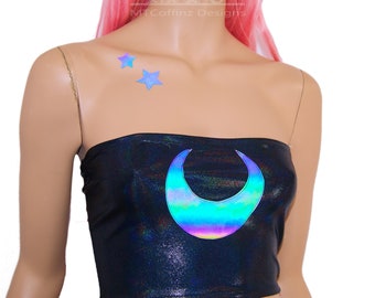 Reflective Moon Black Rainbow Opal Holographic Sexy Clubwear BodyCon Tube Top Strapless Boho Rave Festival Halter Top - MTCoffinz