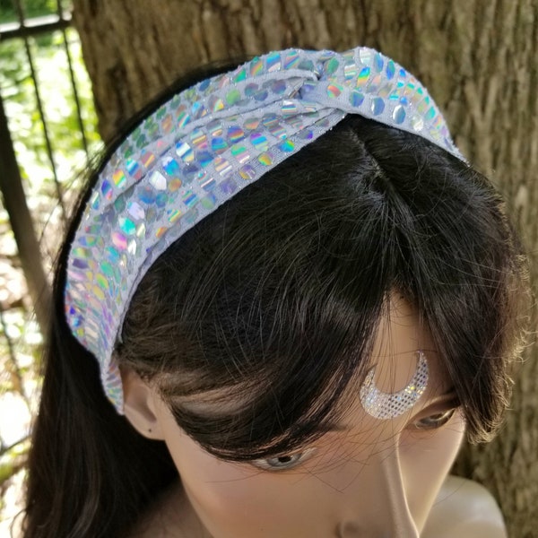Opal holographic color changing geometric disco ball sparkle twist head band Yoga head wrap stretchy headband MTcoffinz