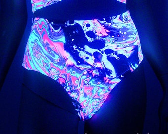 Cheeky High Waisted UV Reactive Neon Acid Print Booty Shorts Rave Shorts Swim Bottoms Bathing Suit Black Light All Sizes- MTCoffinz