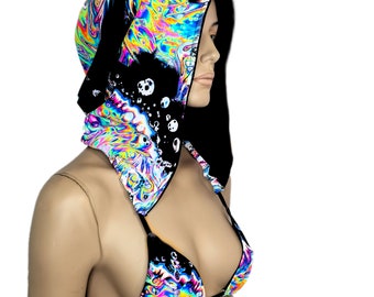Rave Hood Bikini Top Neon Acid Trippy Neon UV Reactive Glow Party Sexy Dancer  Stripper Bra Triangle Top Festival shirt - MTCoffinz