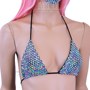 Holographic Geometric Disco Ball Color Shifting Metallic Rave Bikini Bra Triangle Top Festival shirt - MTCoffinz