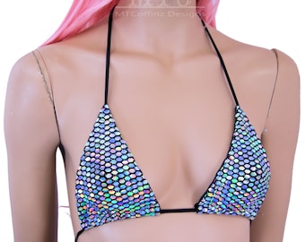 Holographic Geometric Disco Ball Color Shifting Metallic Swim Wear Beach Rave Bikini Bra Triangle Top Festival shirt - MTCoffinz