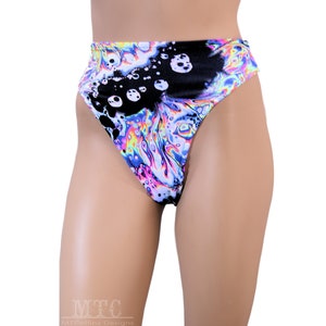 Cheeky High Waisted Thong UV Reactive Neon Acid Print Booty Shorts Rave Shorts Swim Bottoms Bathing Suit Black Light All Sizes- MTCoffinz