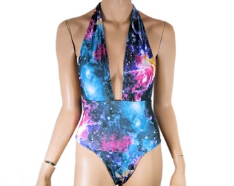 Deep V Plunge Cheeky One Piece Bodysuit UV Reactive Nebula Galaxy Open Back Rave Bathing Suit Black Light All Sizes- MTCoffinz