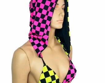 Rave Hood Bikini Spilt Neon Pink and Yellow Checkerboard Sexy Dancer  Stripper Bra Triangle Top Festival shirt - MTCoffinz