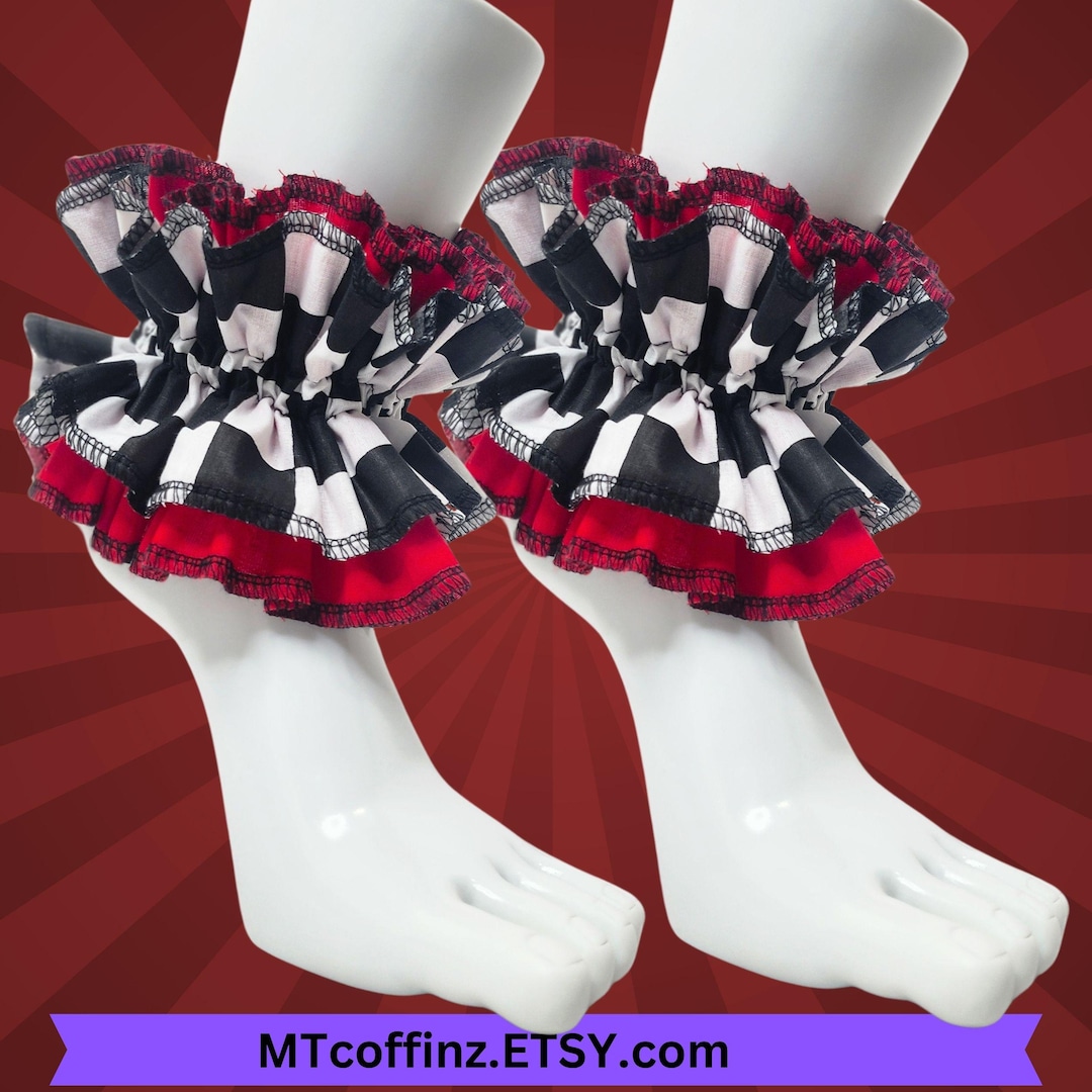 Red and Checkerboard Ruffle Ankle Cuff Set Clowncore Bracelet Harlequin ...