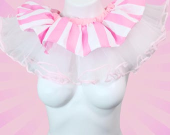 Pastel Pink Clowncore Striped Clown Ruff Ruffled Costume Collar Pierrot Cosplay Halloween Circus Theatrical Stage wear Adult Unisex