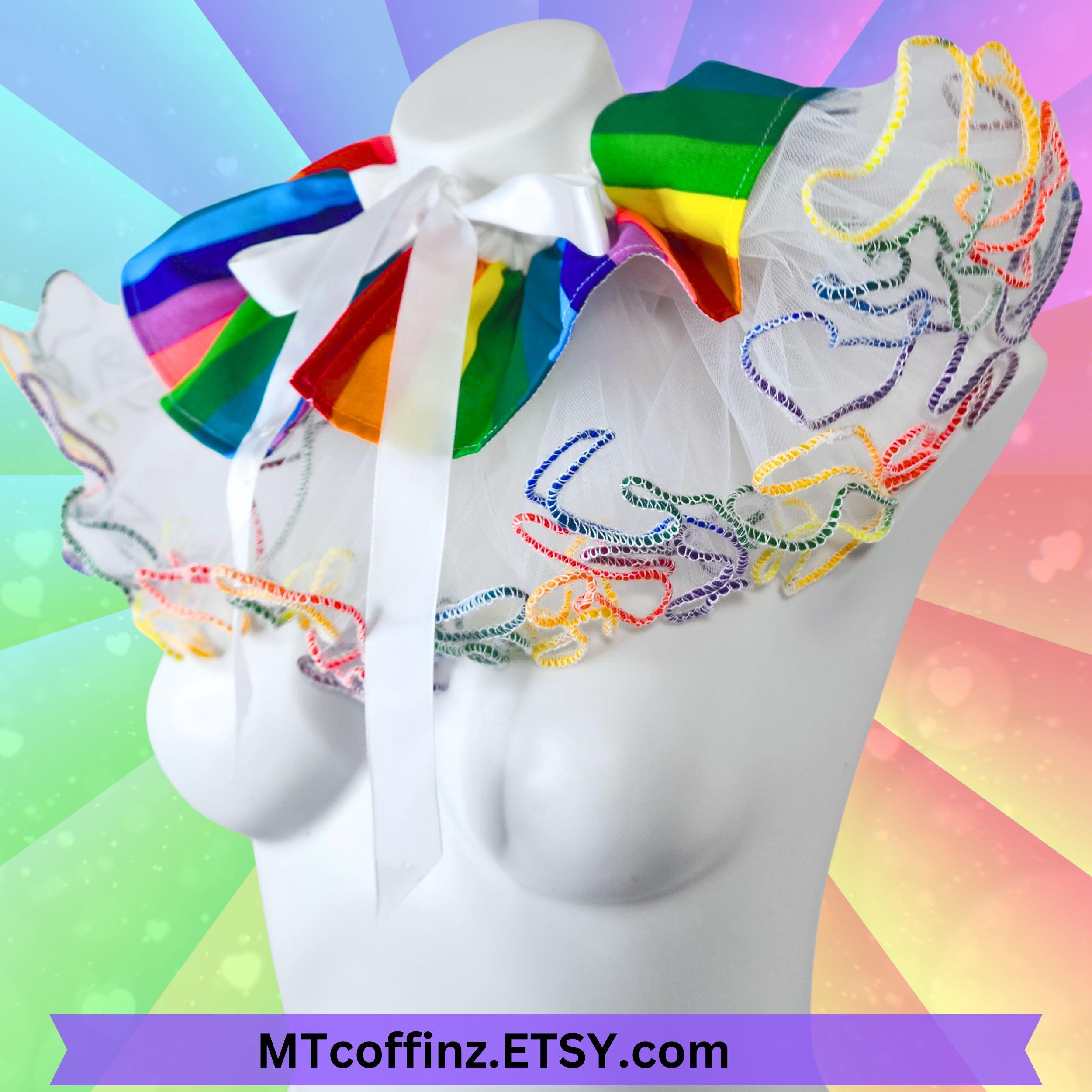 Rainbow Clown Costume For Kids - Hat & Jumpsuit With Collar, Child Large Size - View #2