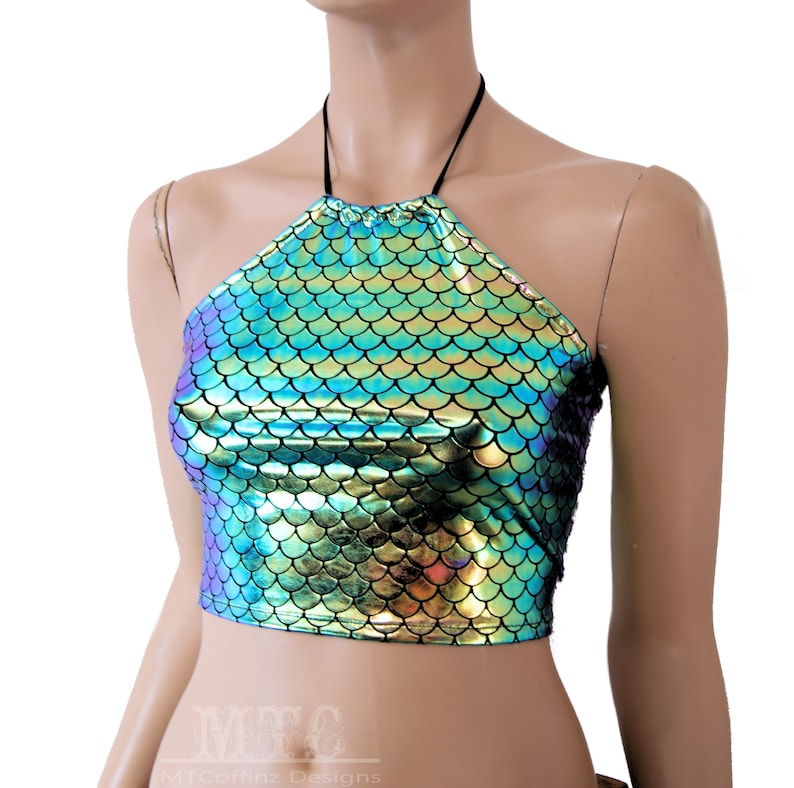 MTCoffinz Dragon Scales Peacock Blue Purple Green Gold Mermaid Scales Halter Corset lacing adjustable size boho Rave Festival Halter Top